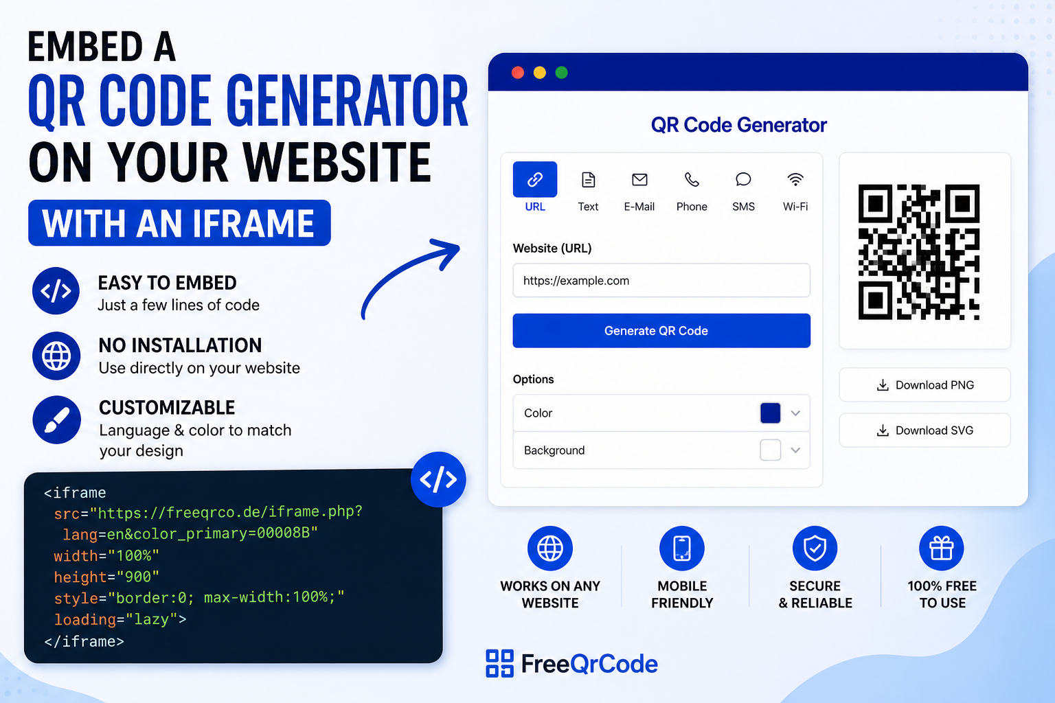 Infographic showing how to embed a QR code generator on a website using an iframe